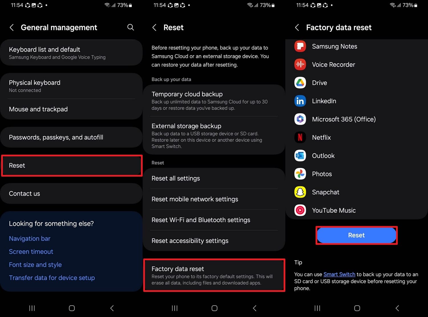 reset the samsung phone