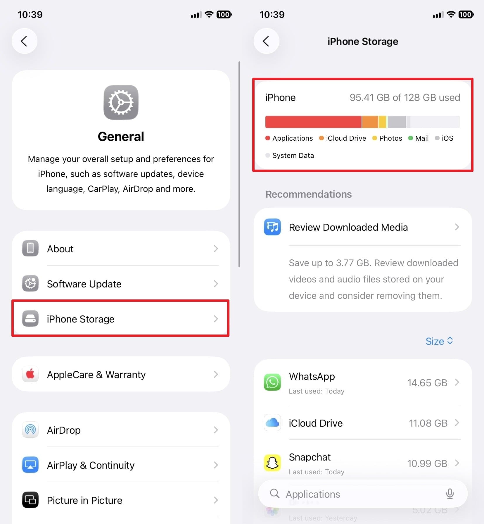 check iphone storage