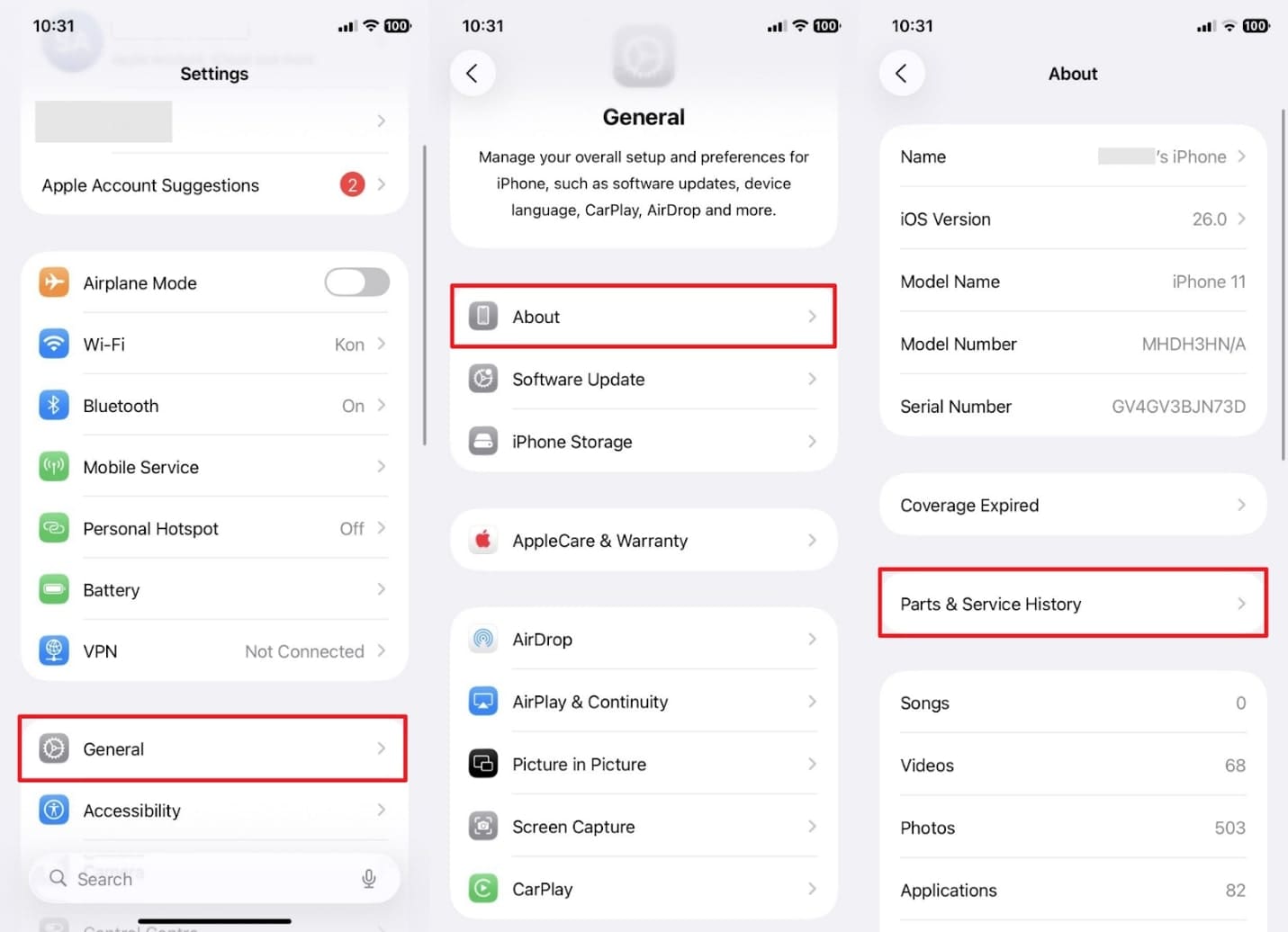 access iphone parts section
