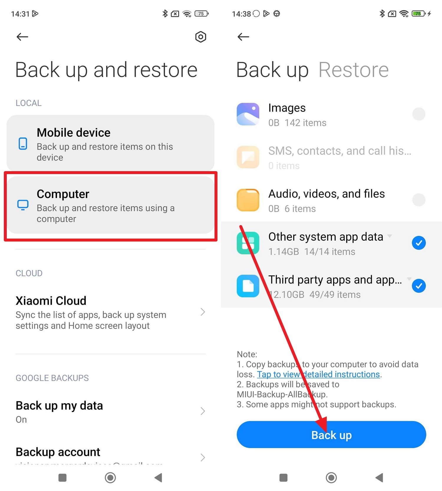 make xiaomi backup to pc