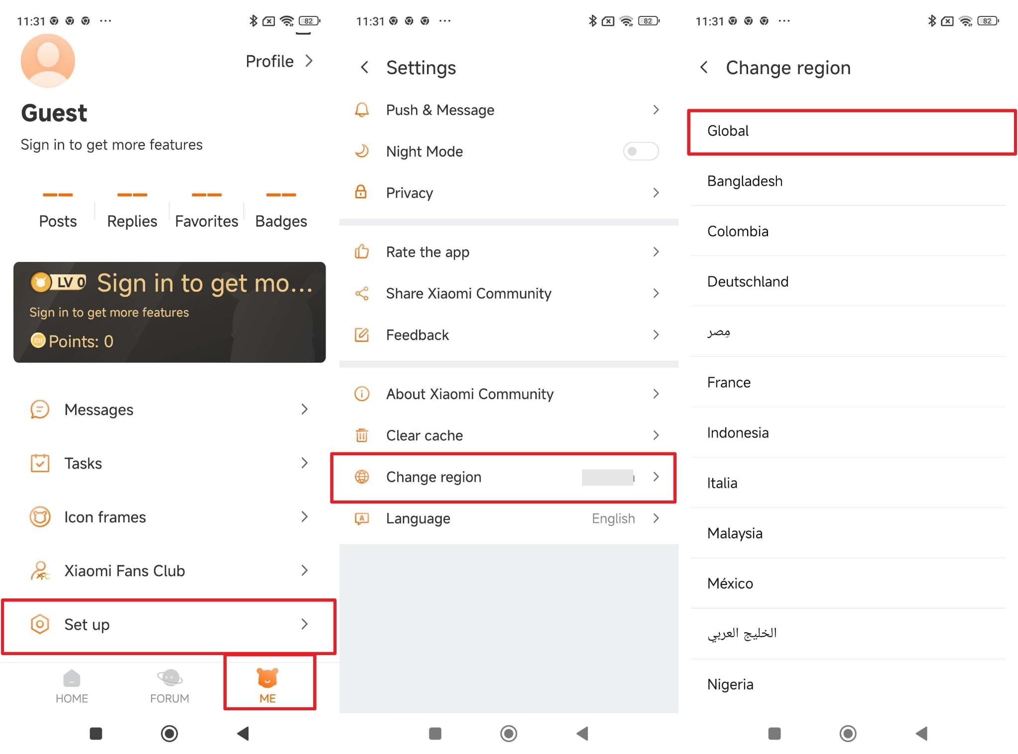 change region to global