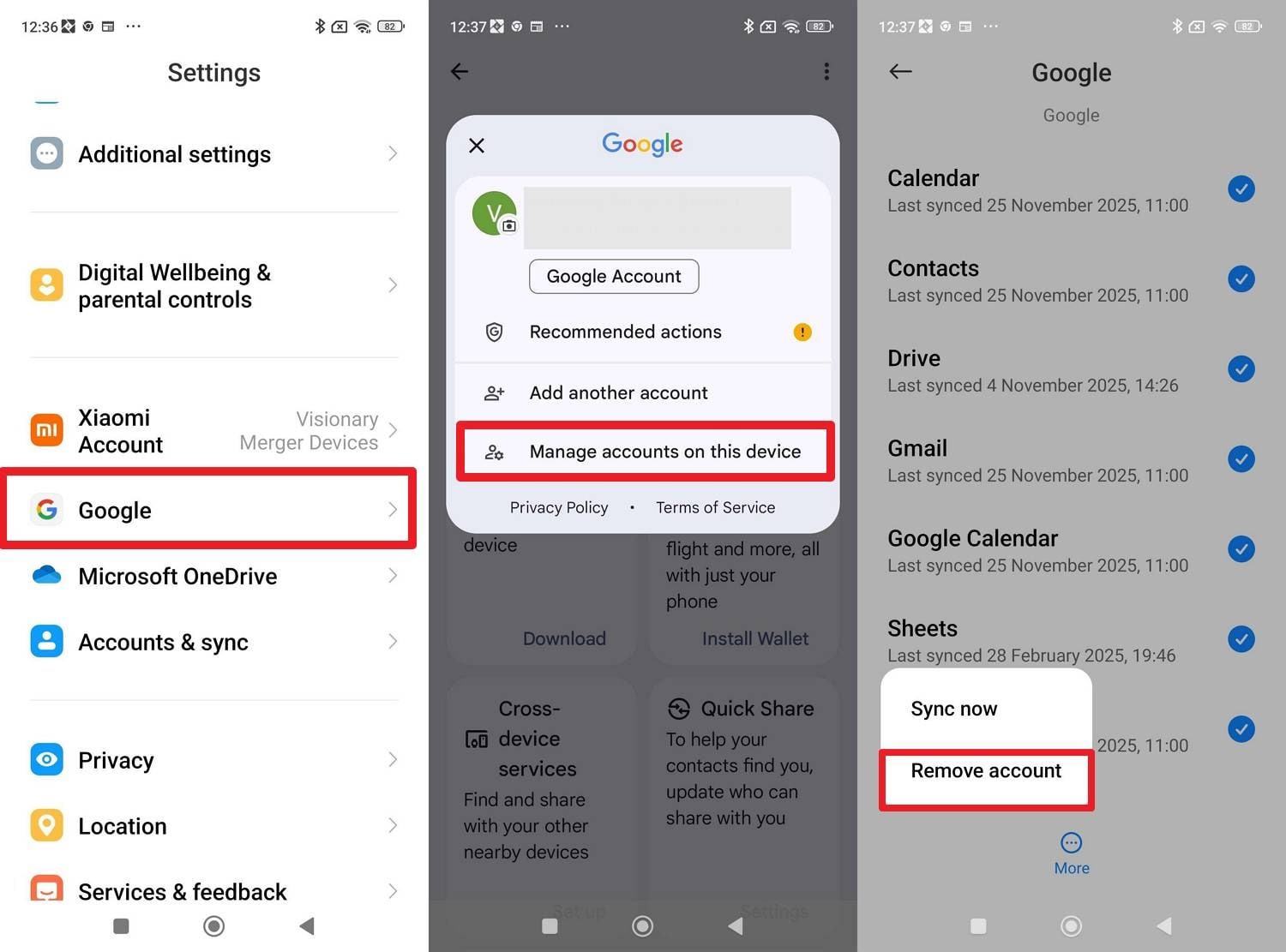 remove the google account