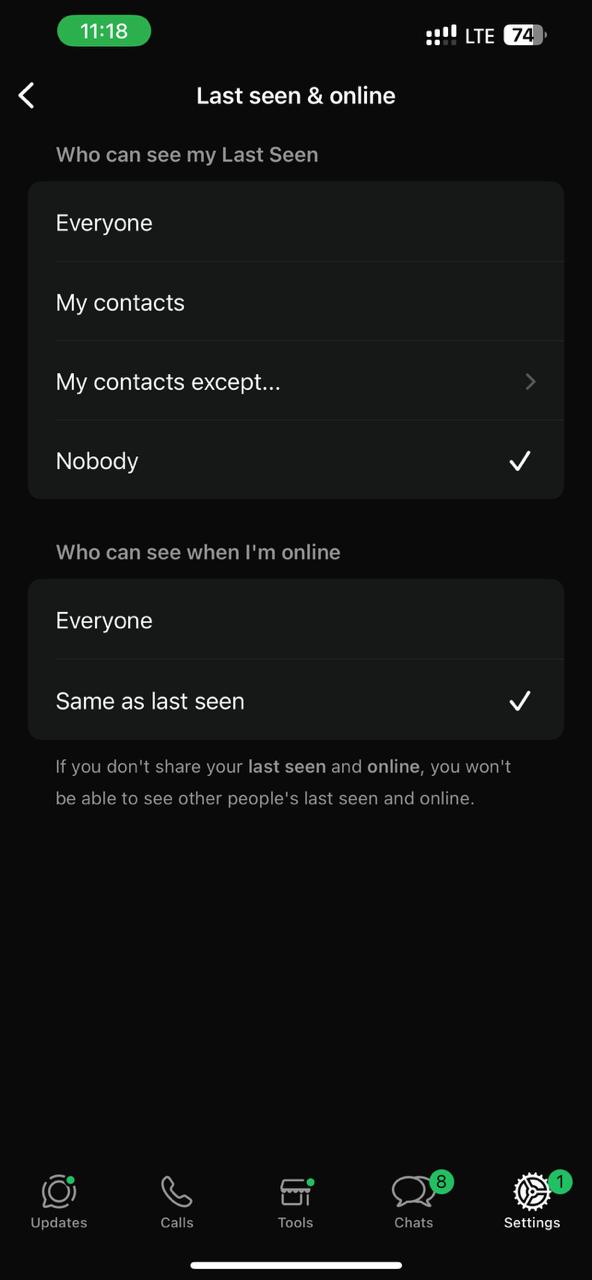 how can i hide online status on whatsapp