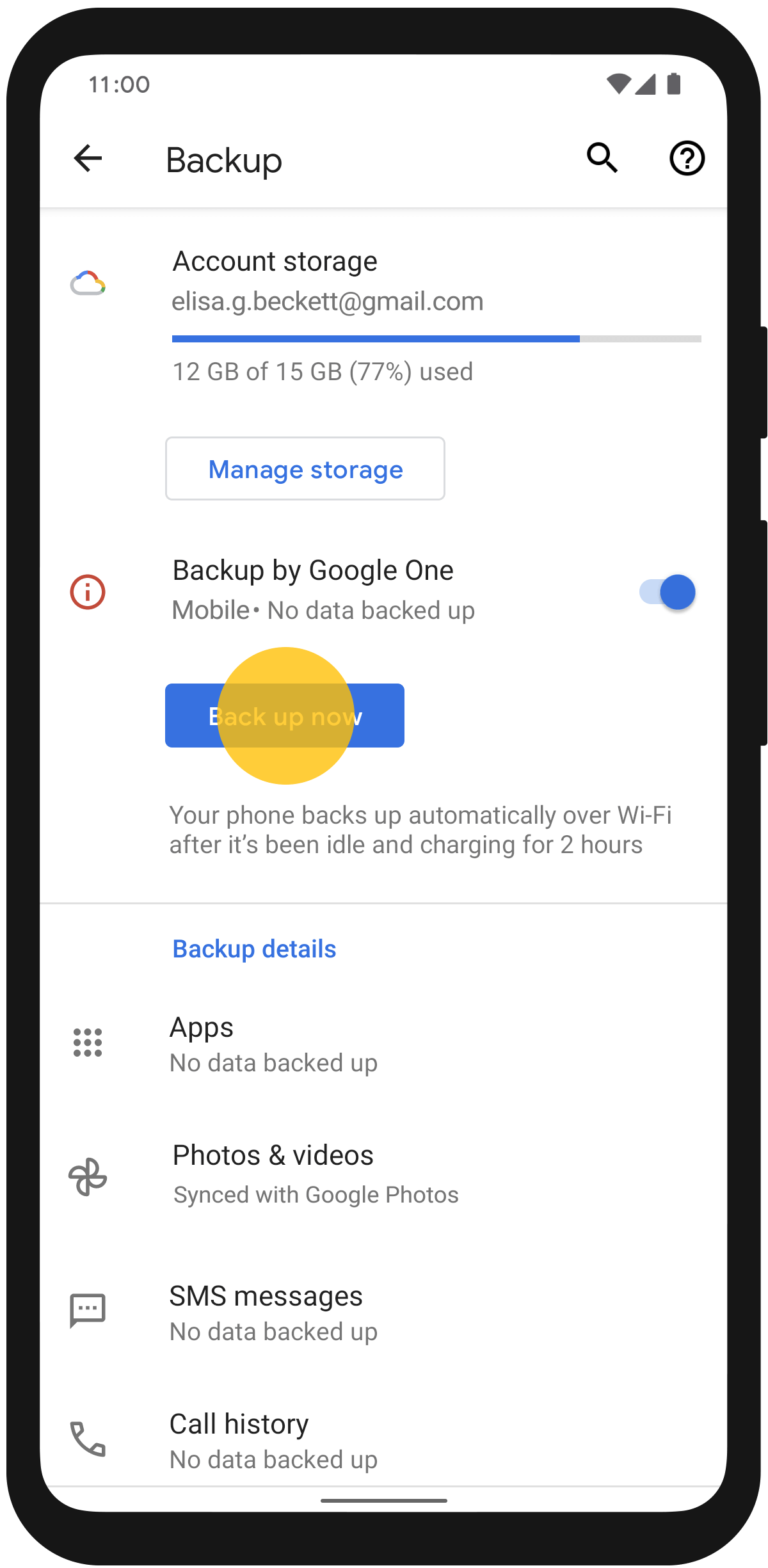 select backup now for google backup