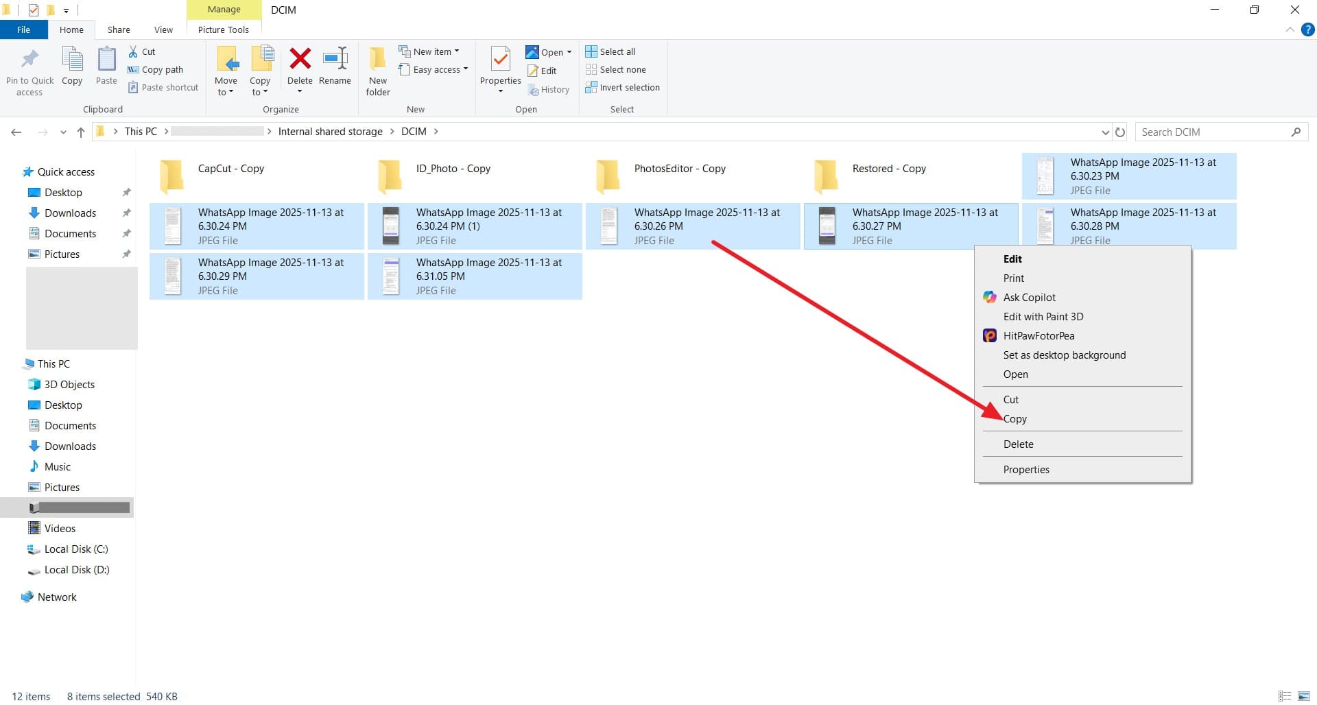 choose copy option to recover data from broken phone