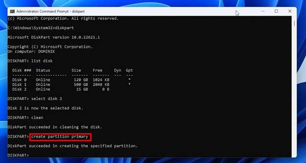 run create partition primary