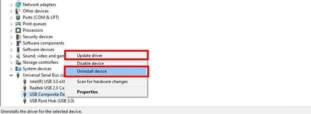 update or uninstall drivers