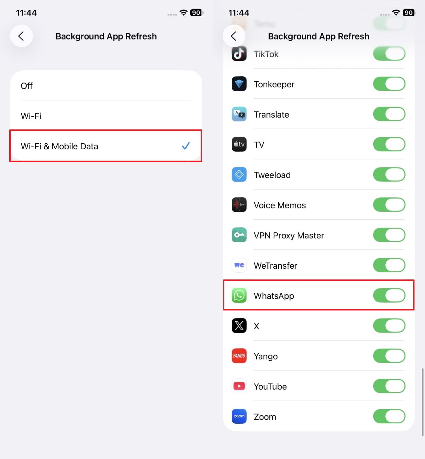 toggle on whatsapp app