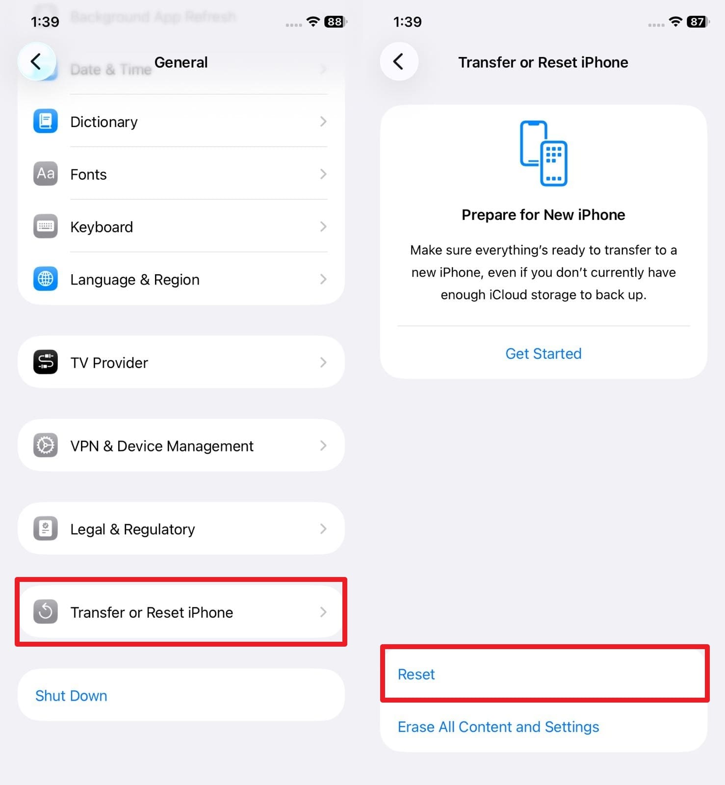 pick the reset option