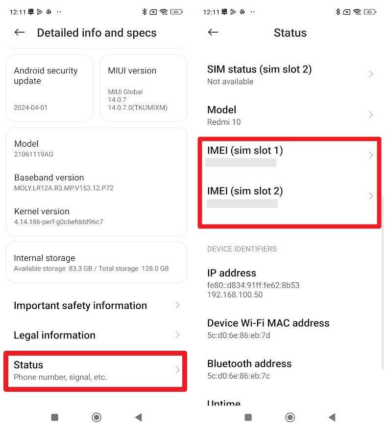 access the status option and imei