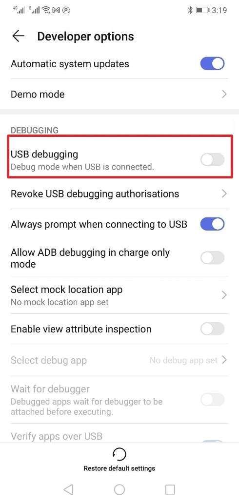 toggle usb debugging option