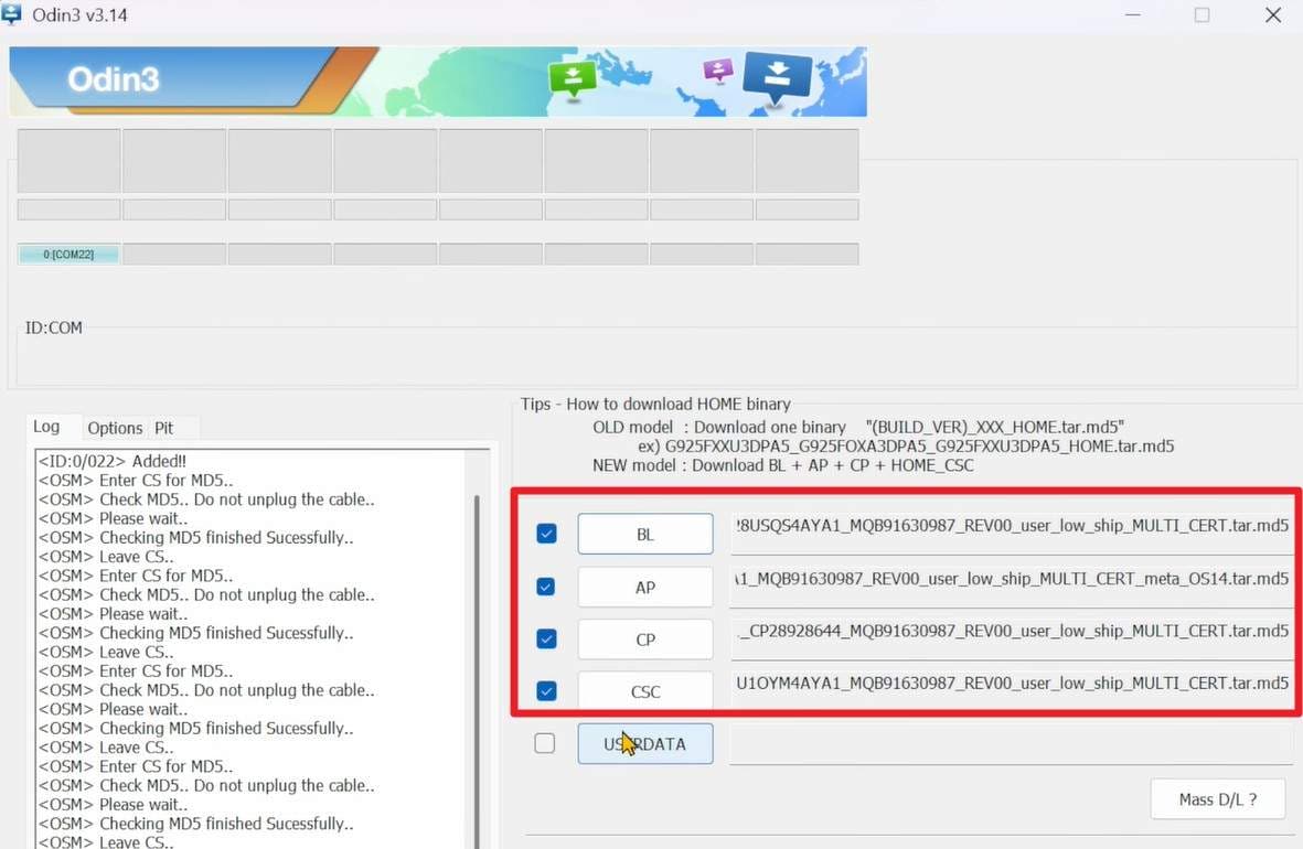 import the files to odin