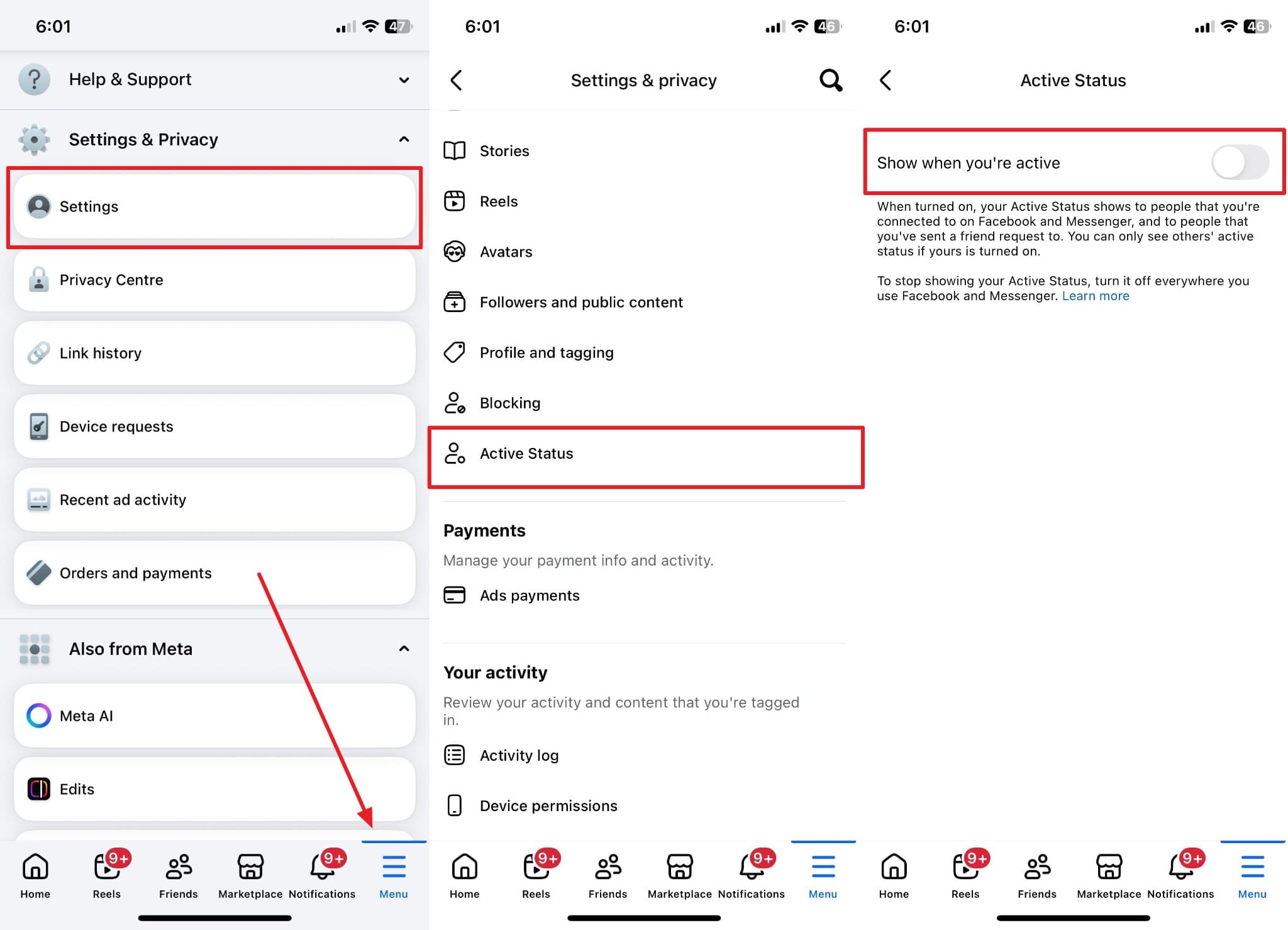 disable facebook active status iphone
