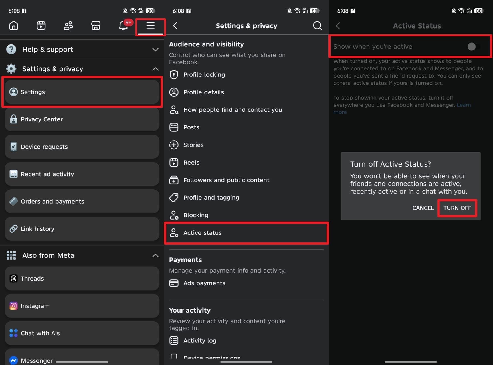 disable facebook active status on android
