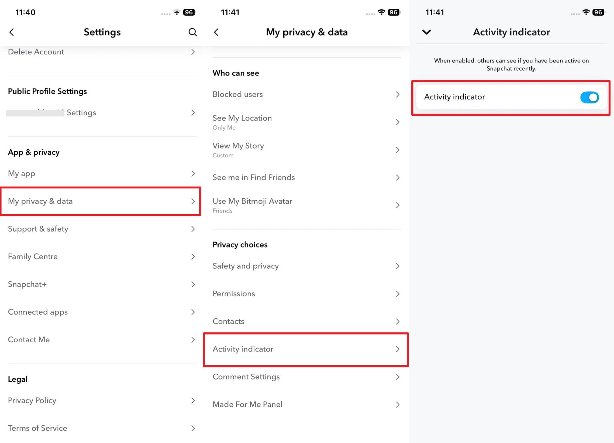 disable activity indicator on snapchat