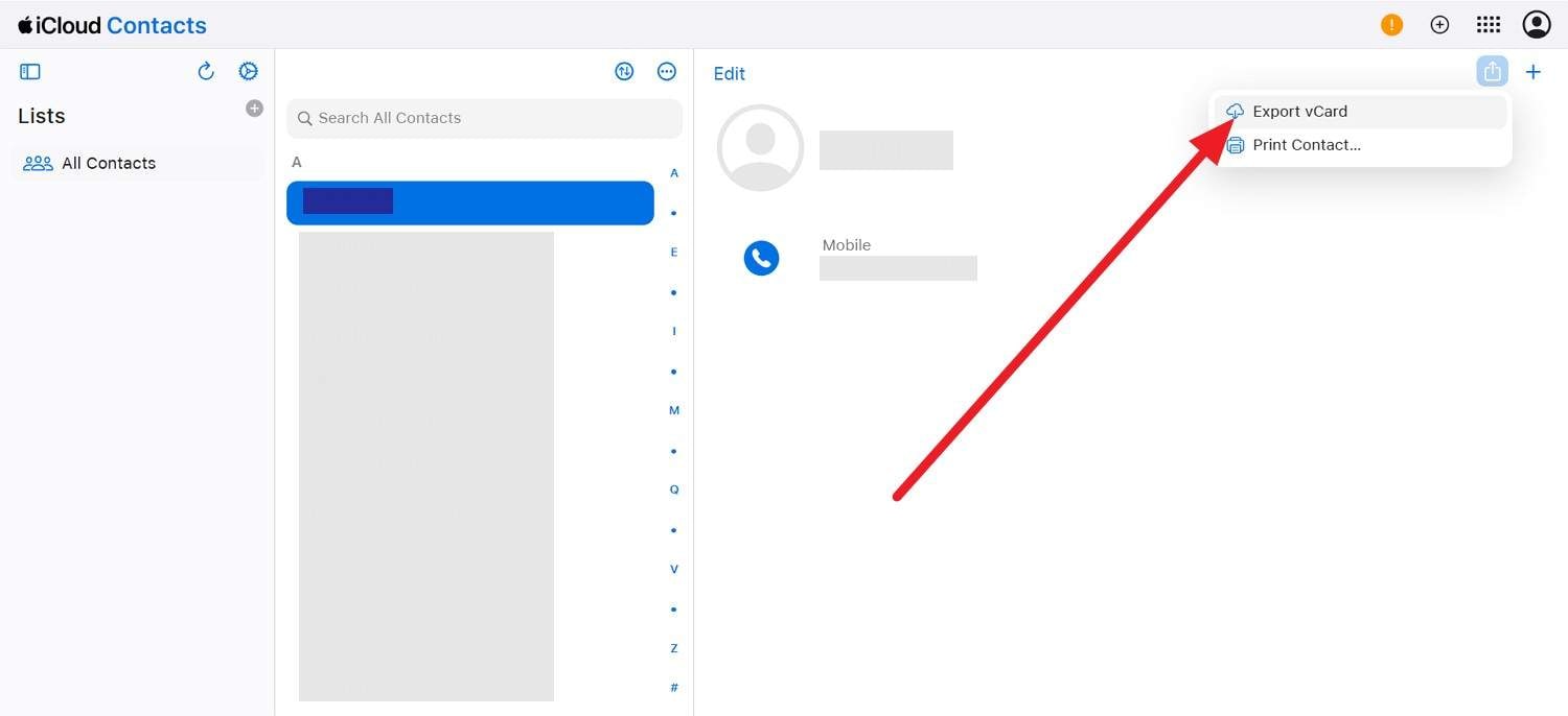 choose to export as vcard