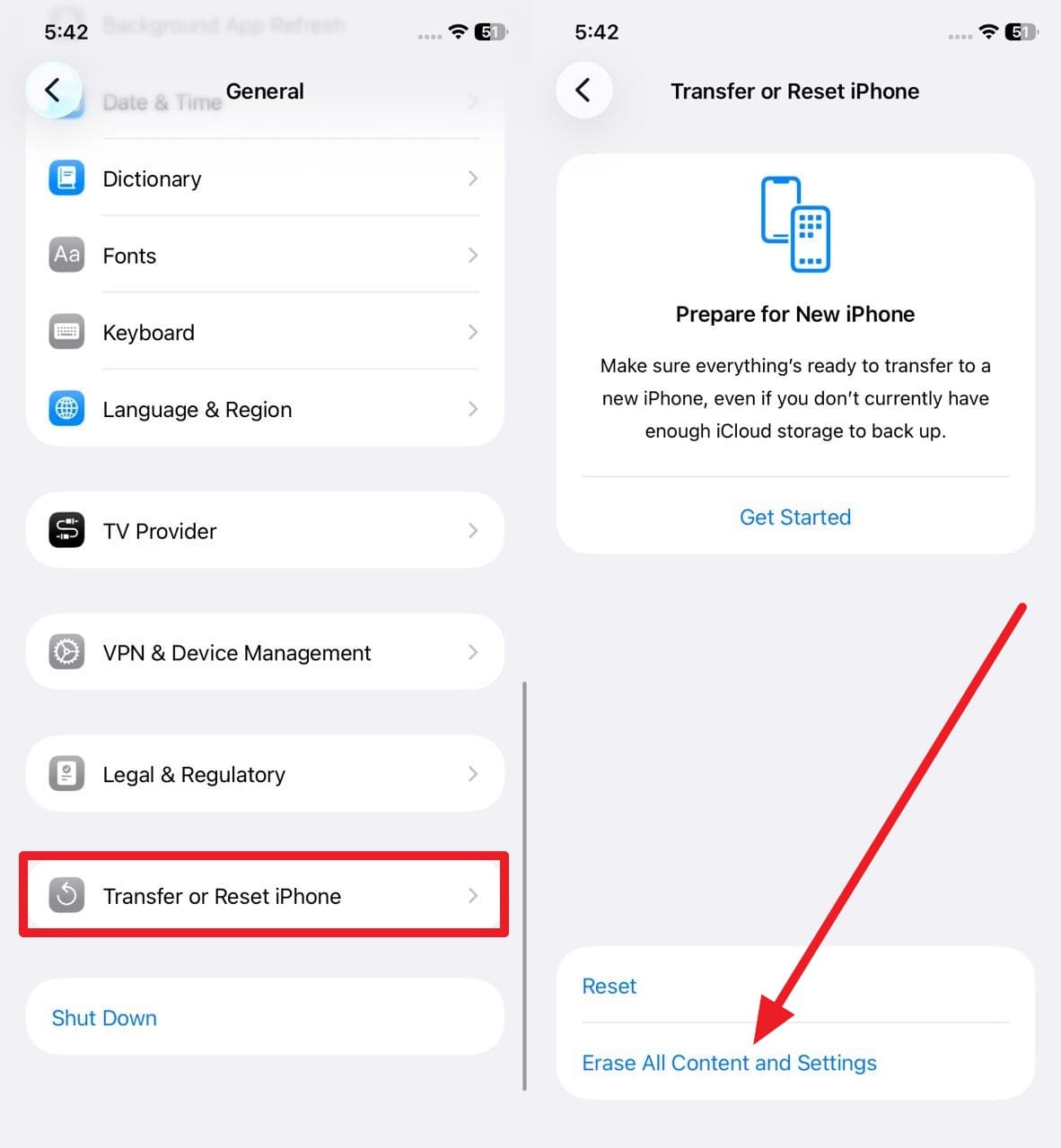 choose to erase all settings