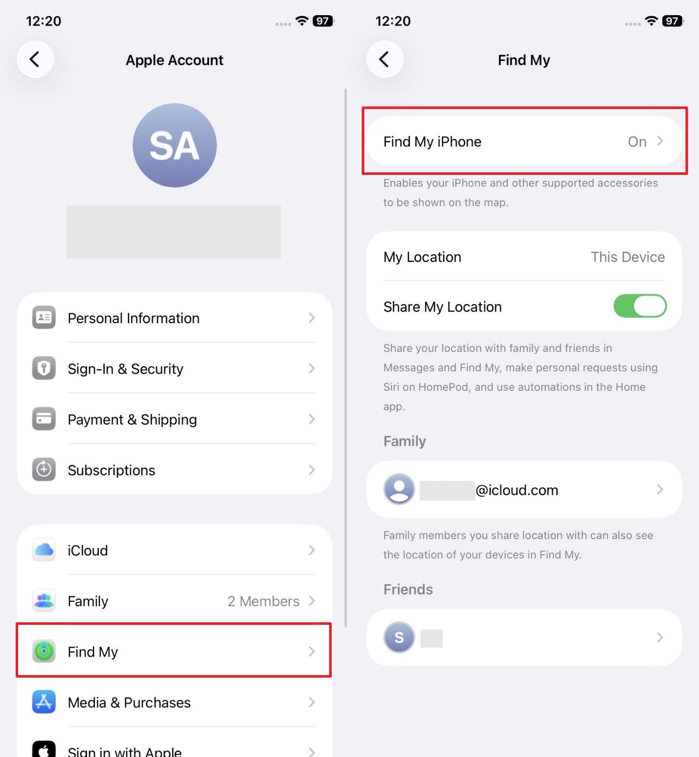 enable find my iphone