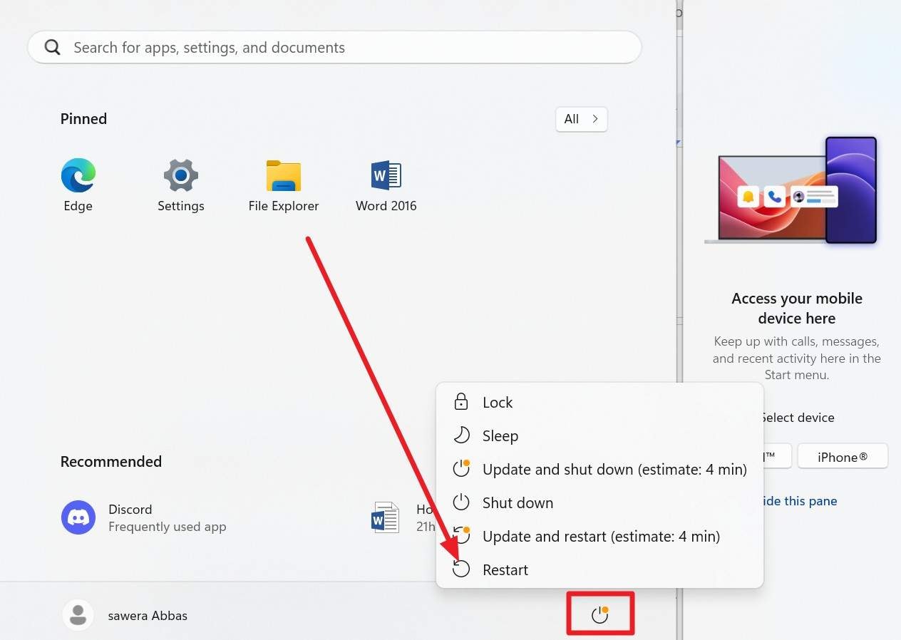 choose the restart option on pc