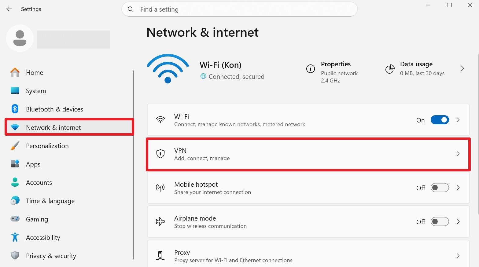 choose vpn option in settings