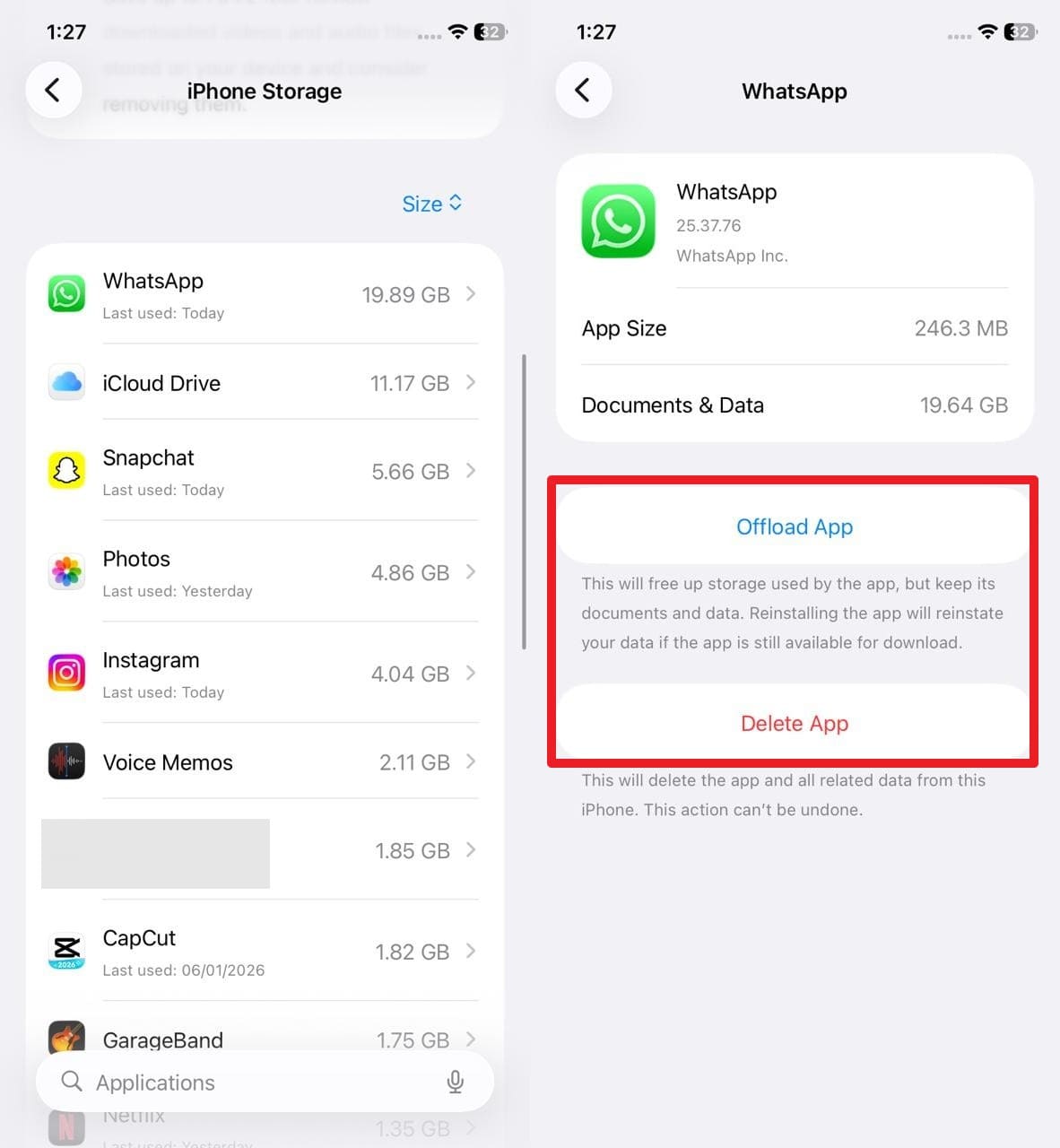 offload of delete app