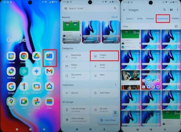 access the screenshots folder in Files
