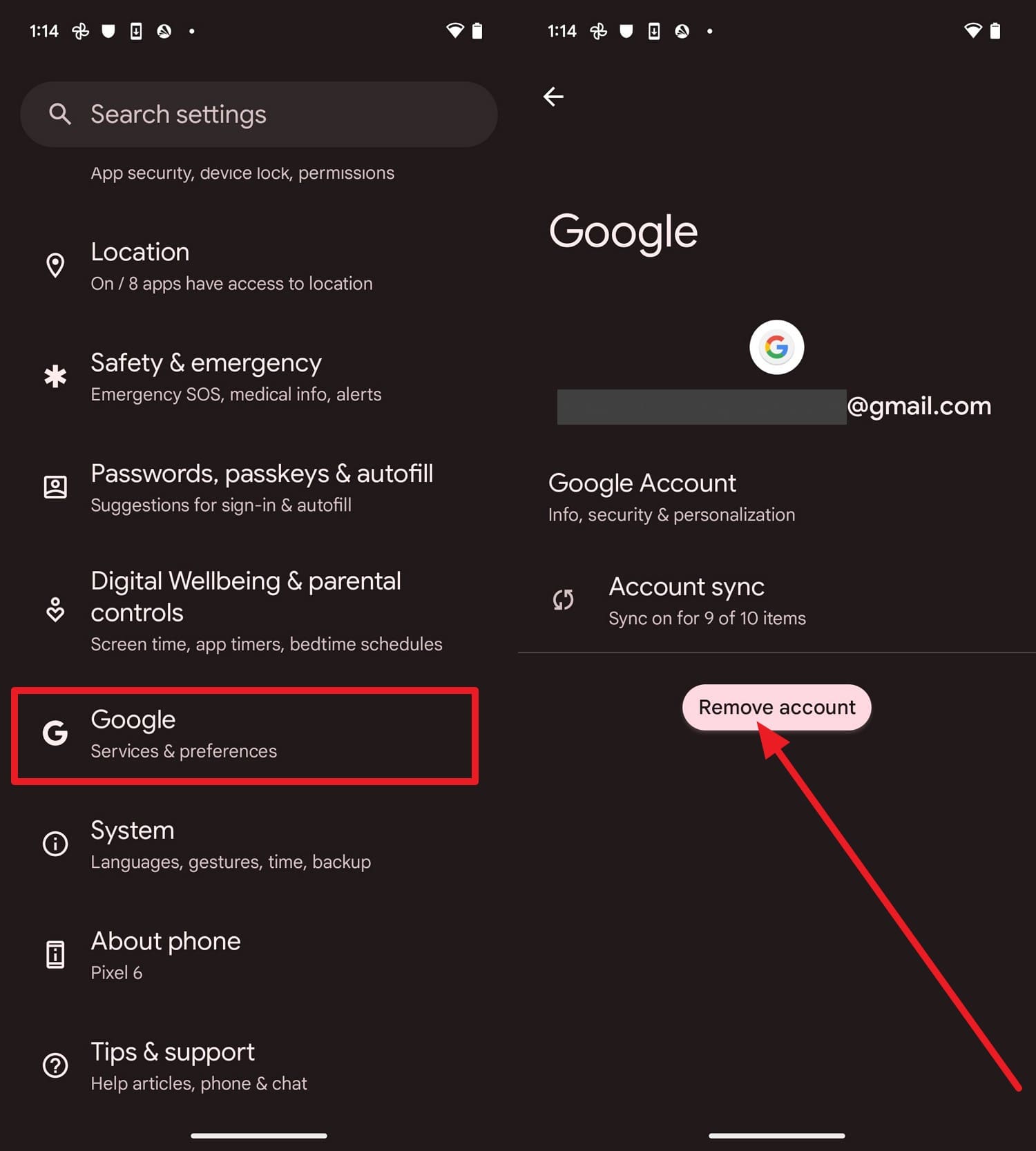 choose to remove the account
