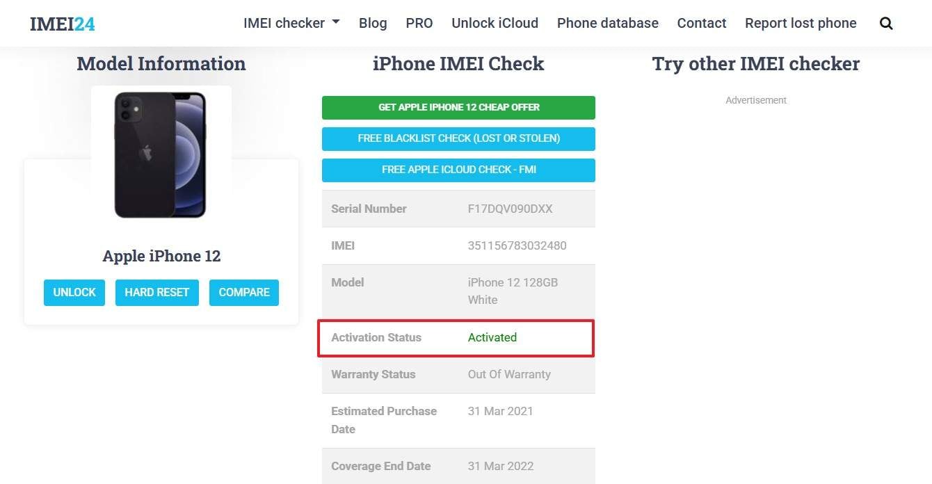 review the activation status in imei24