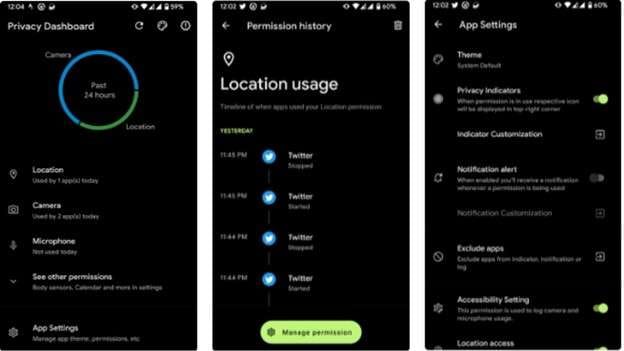 privacy dashboard settings page