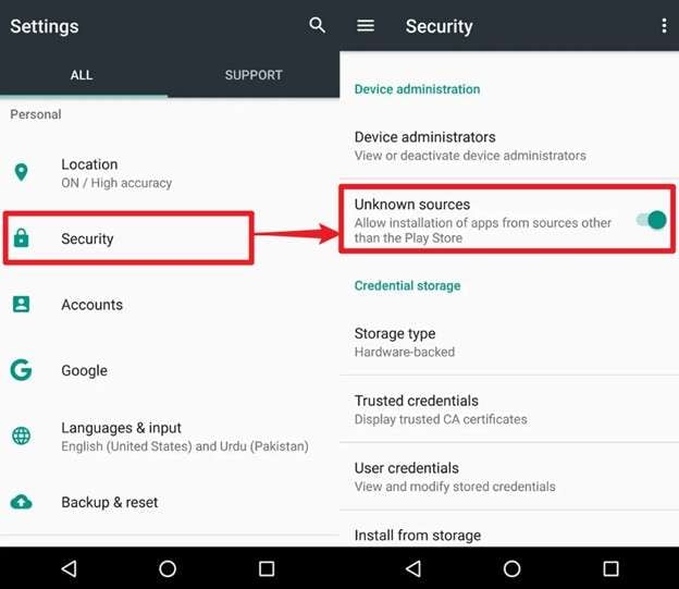 enable unknown sources under security