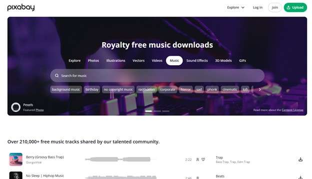 pixabay music website interface