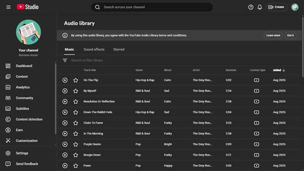 youtube audio library interface