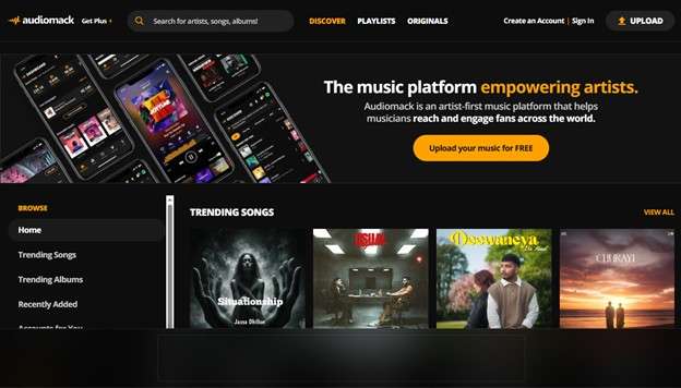 audiomack website interface