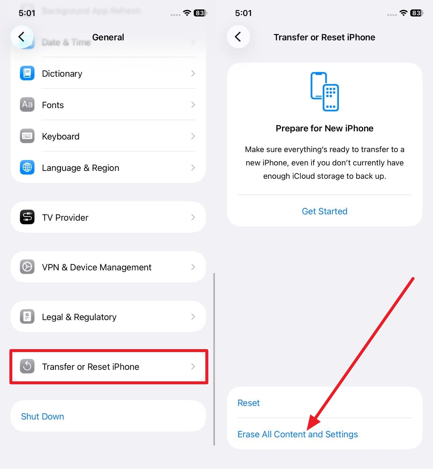 pick erase all content settings