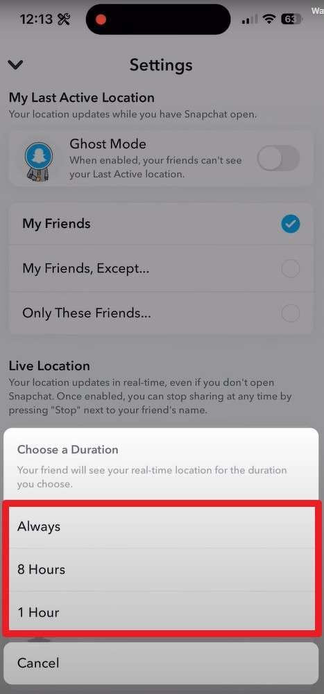 choose duration for live location