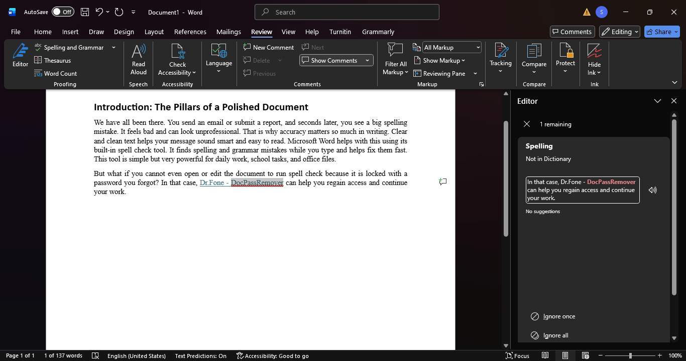 main shortcut key to check spelling and grammar