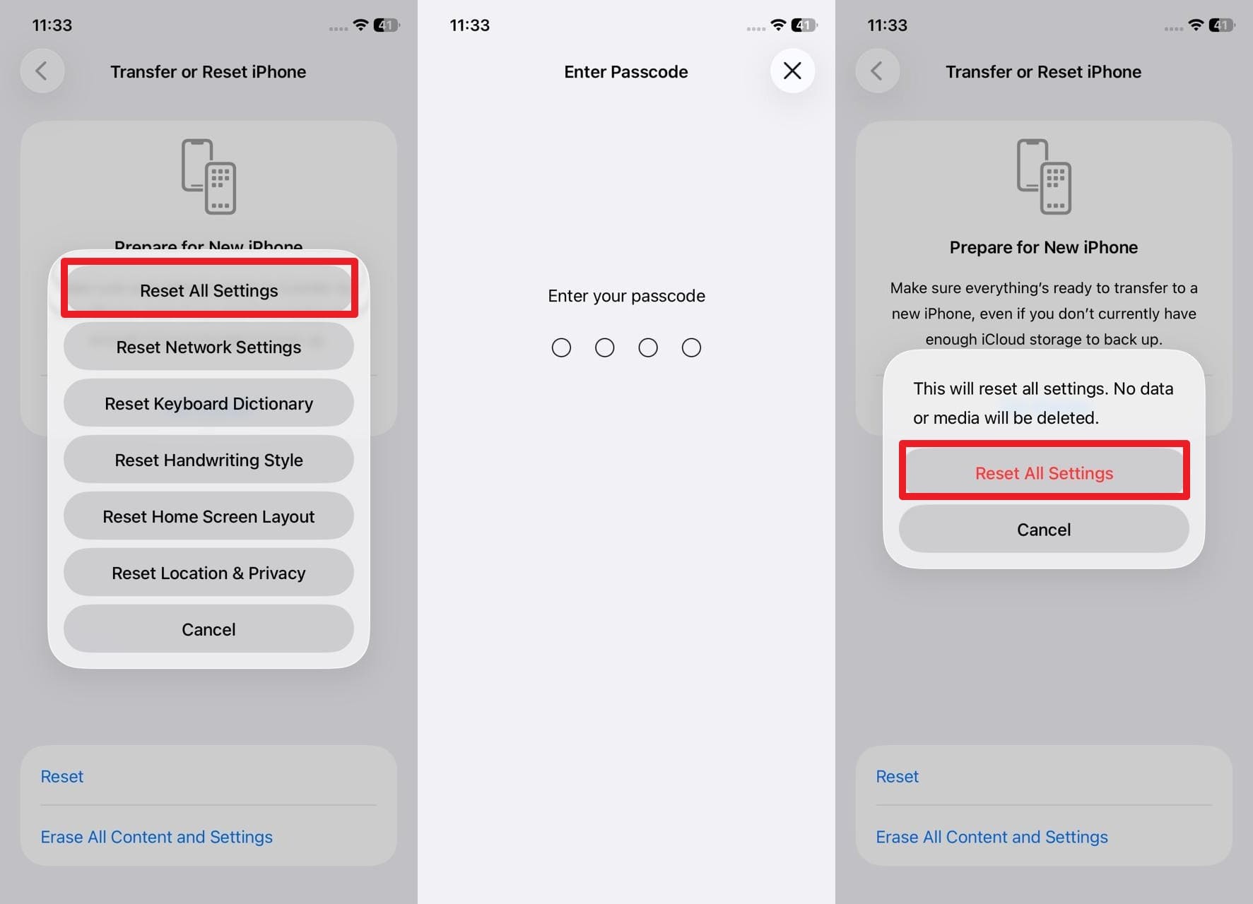 enter code and reset settings