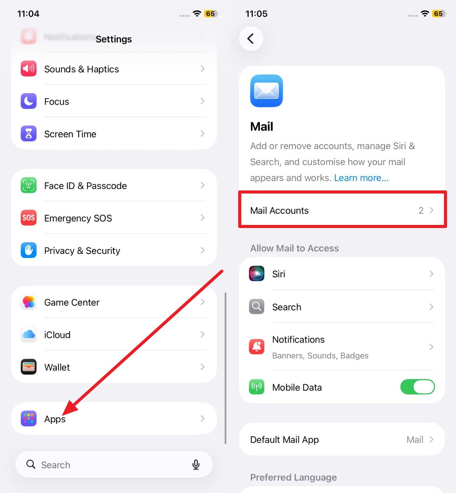 pick the app and mail account