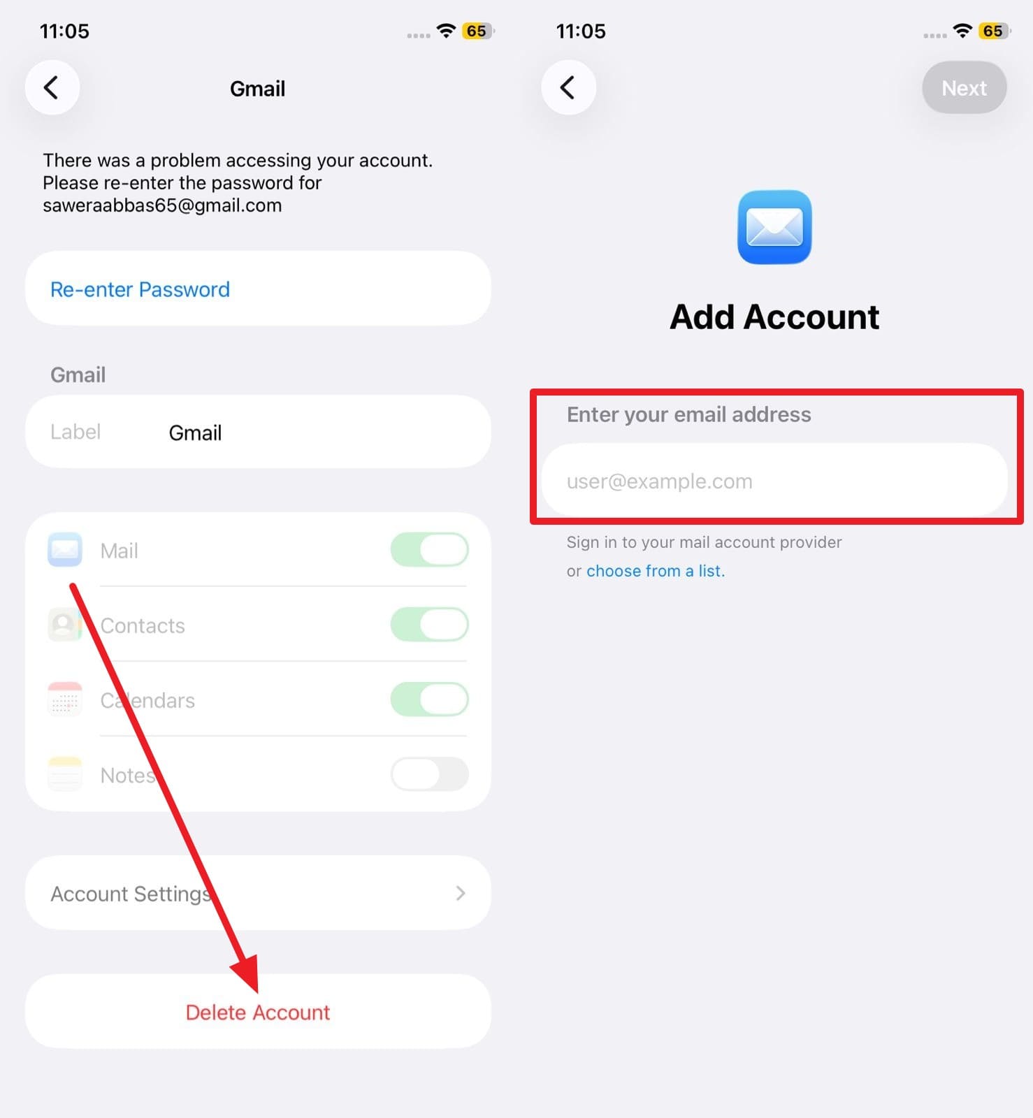 choose to delete and add account