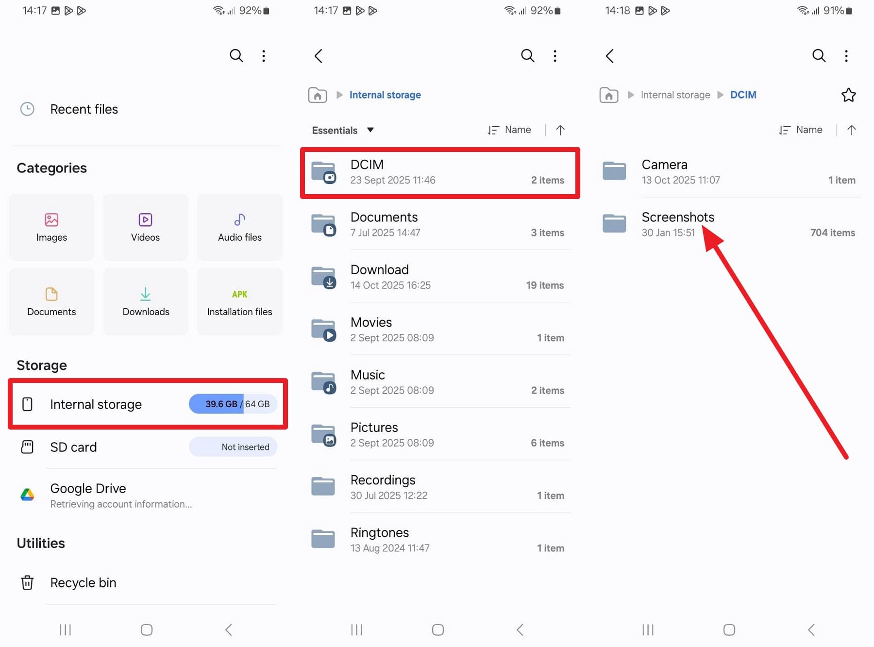 pick dcim folder to access screenshots