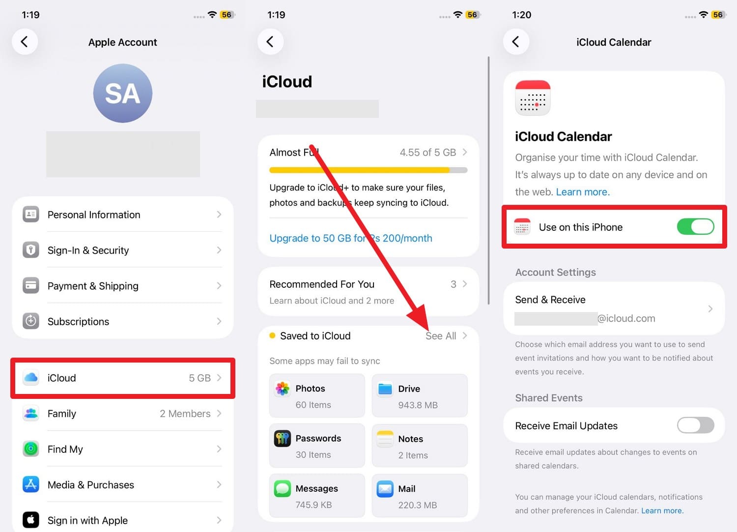 iCloudカレンダーの同期を再設定する画面