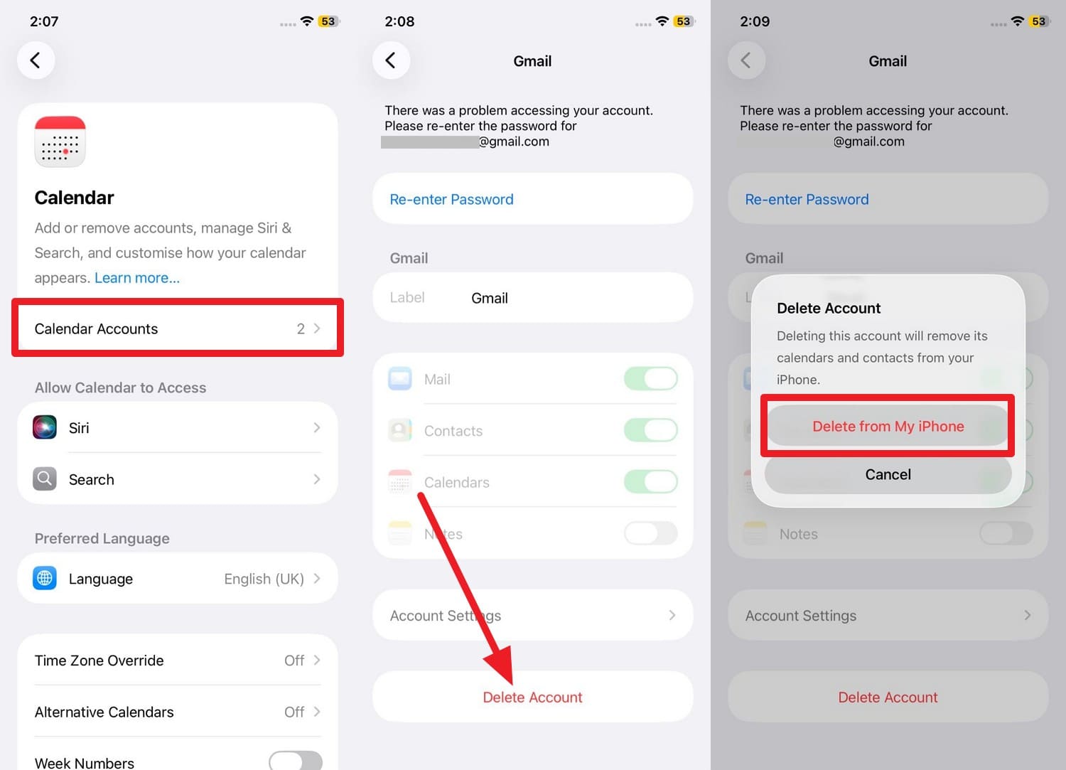 iPhoneからカレンダーアカウントを一度削除する