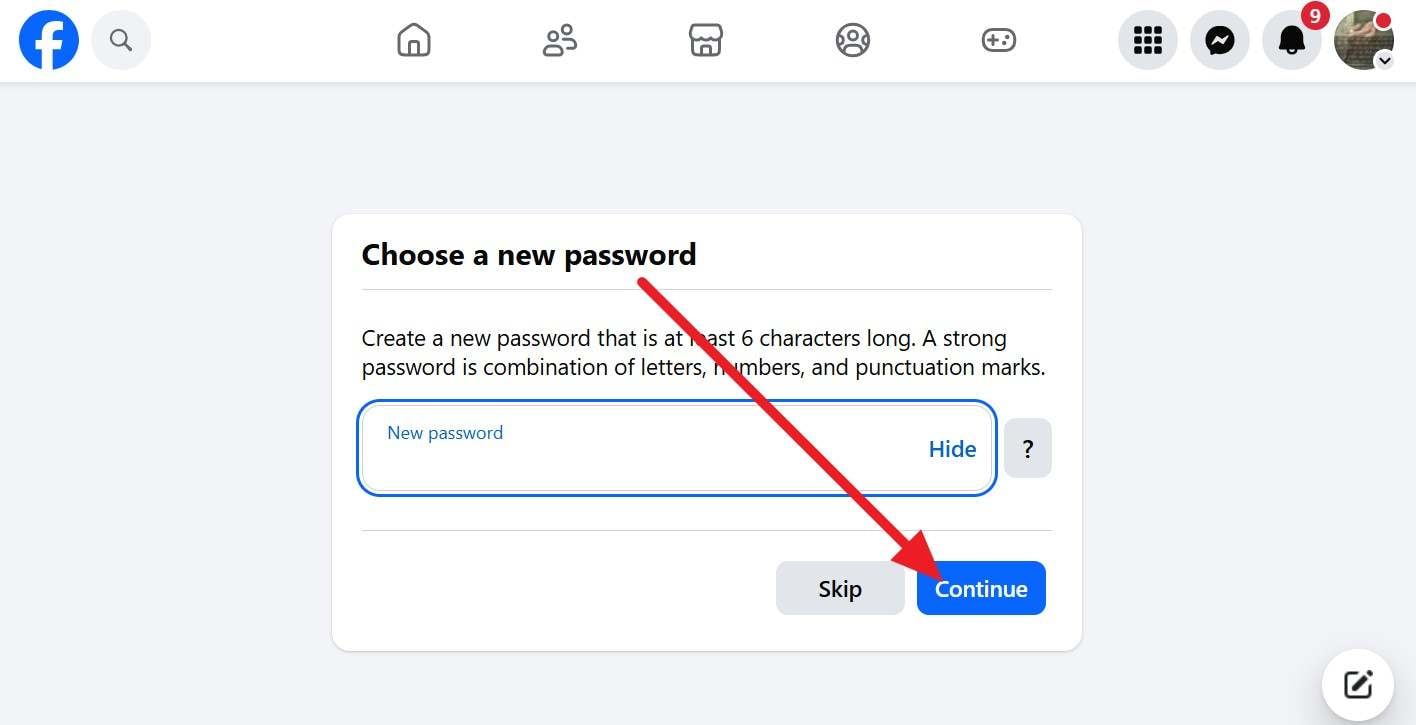 add new password and continue