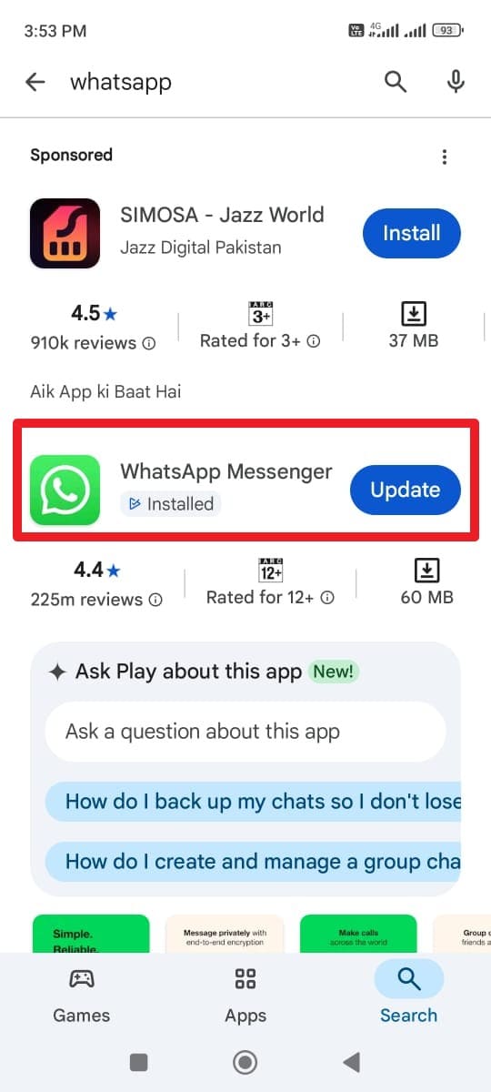 update the android whatsapp