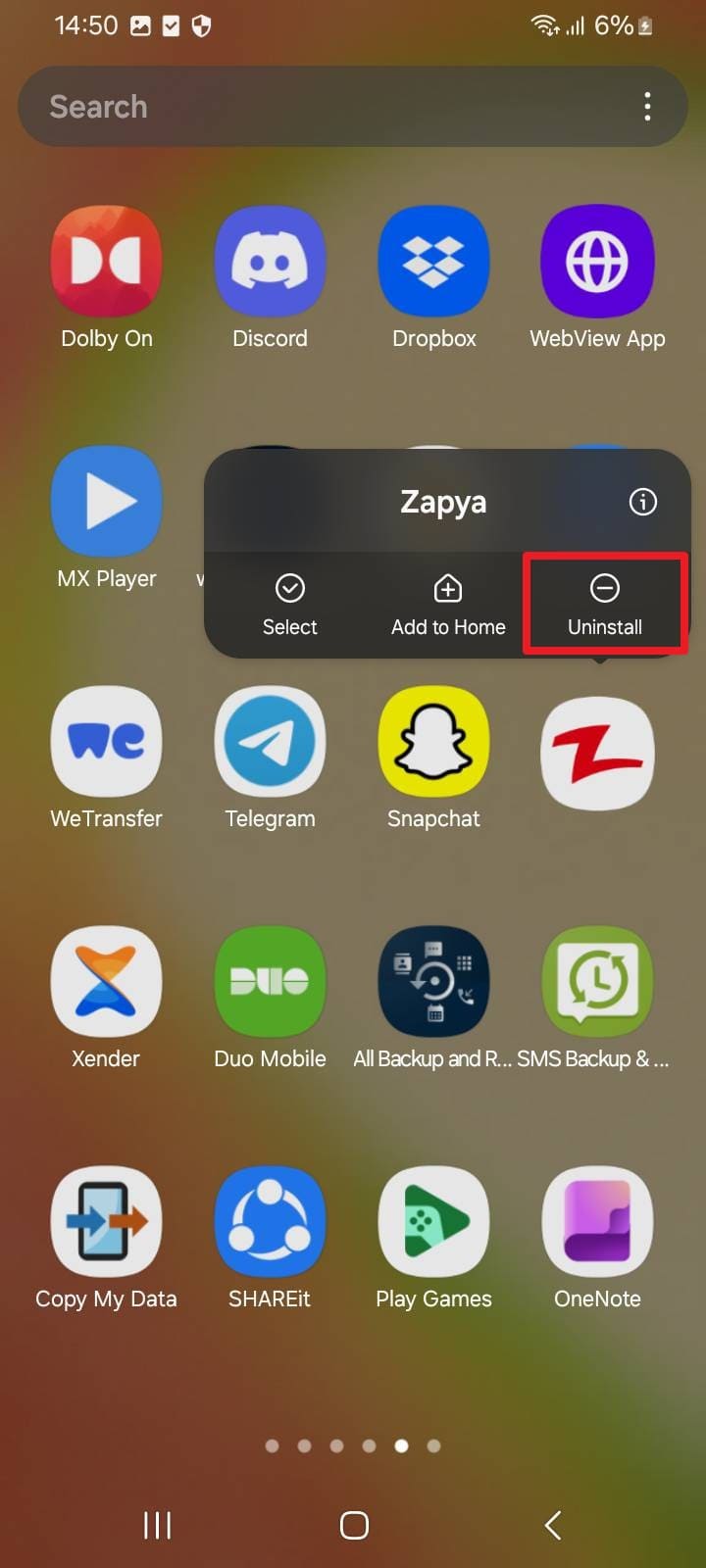 choose uninstall on android app