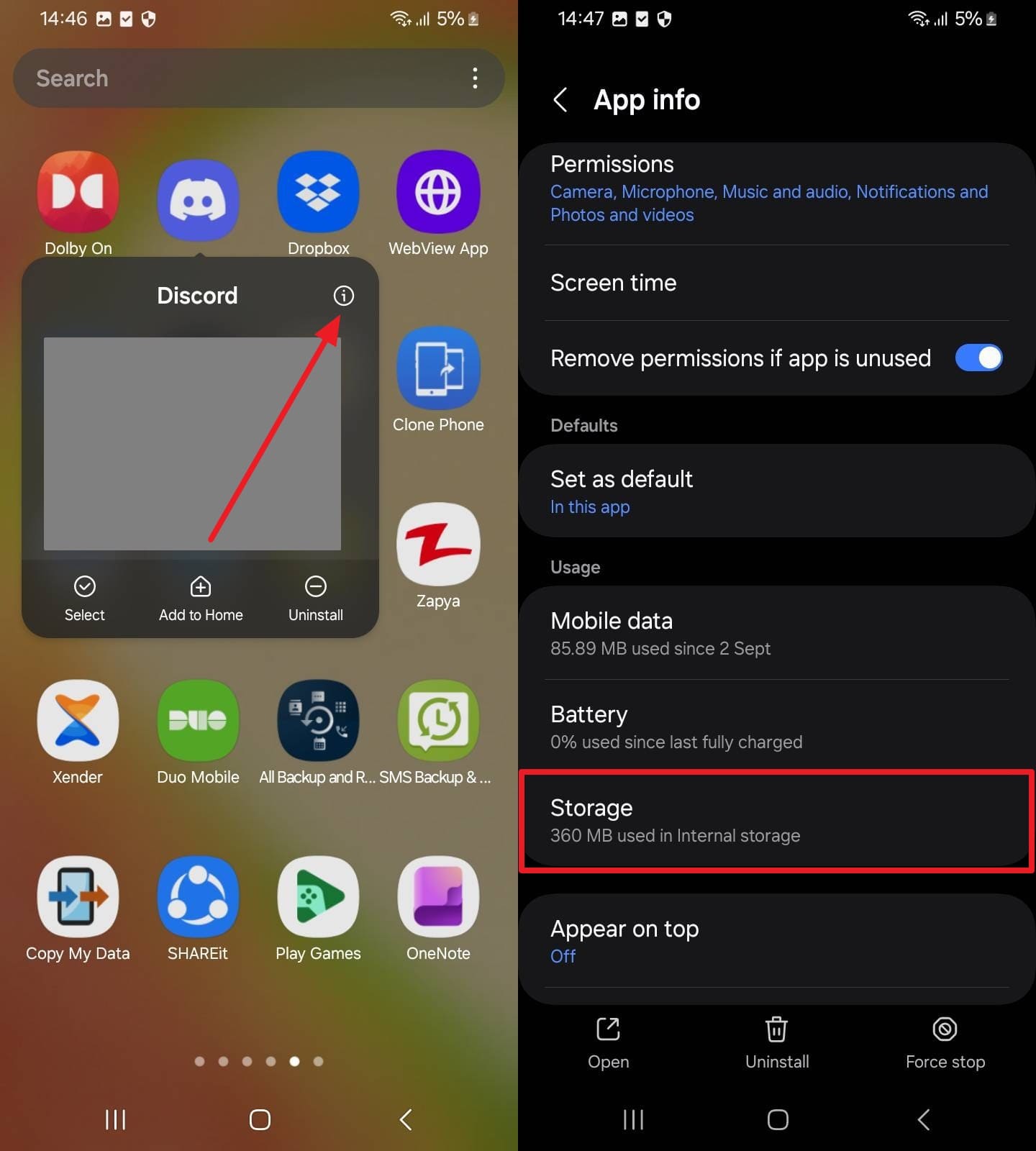 open app storage section