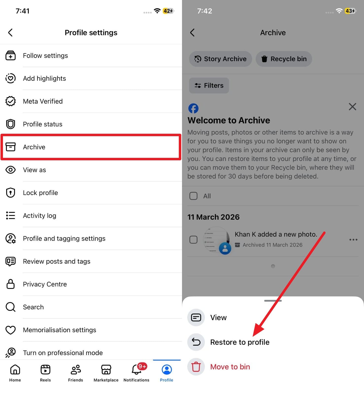 Facebookのアーカイブから投稿をタイムラインに戻す