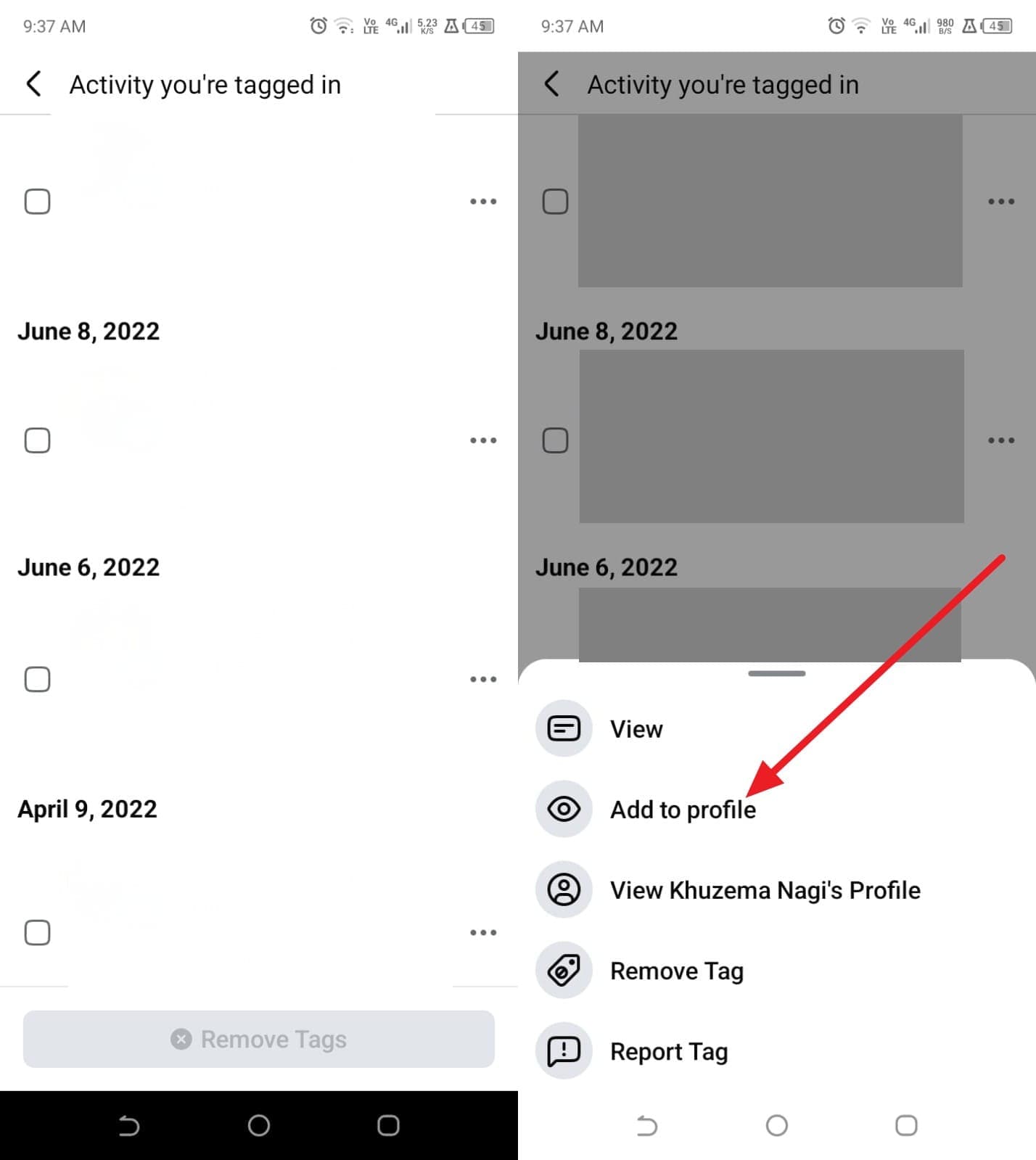 非表示にしていたタグ付け投稿を再表示させる