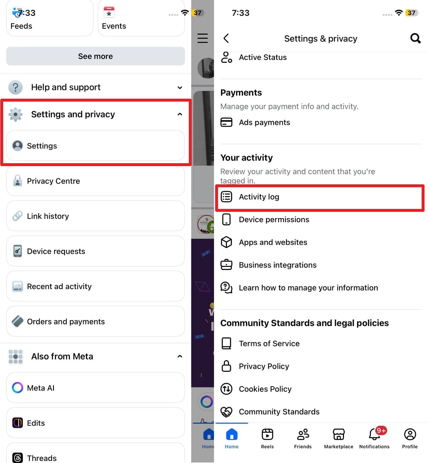 Facebookの設定からアクティビティログを開く