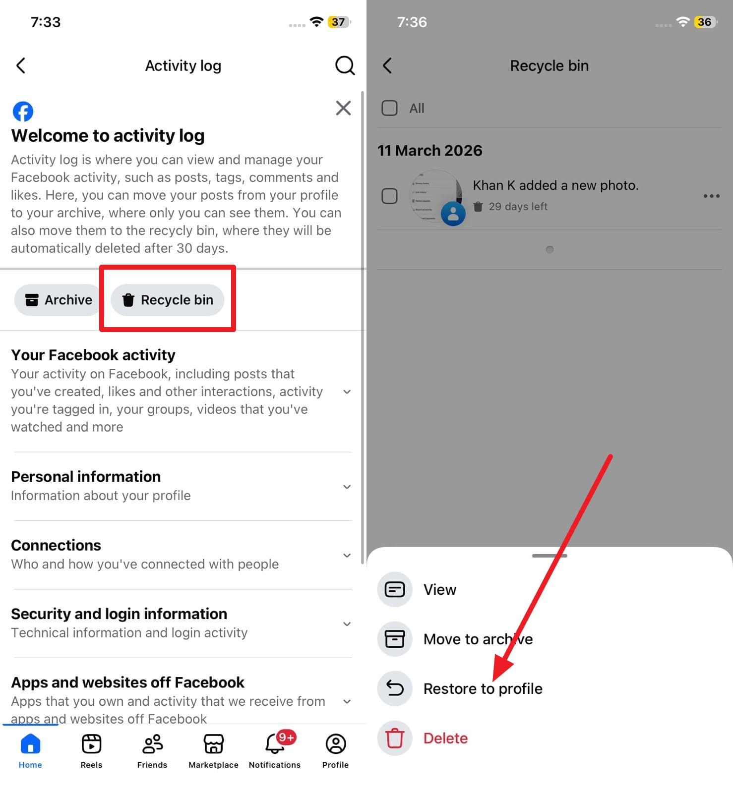 Facebookのゴミ箱から投稿を復元する手順